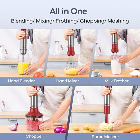 Ganiza Immersion Blender, 6 in 1 Hand Blender Stainless Steel Blade, 15 Speed Stick Blender Electric, Immersion Blender Handheld with 800ml Mixing Beaker, 600ml Chopper, Whisk, Frother, Potato Masher in Kuwait
