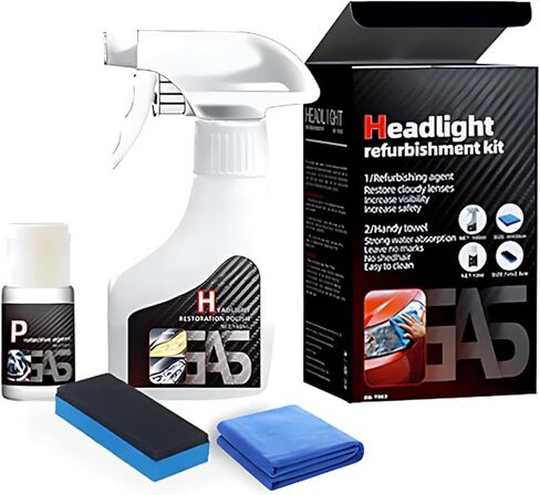 Headlight Restoration Kit, Automotive Headlamp Headlight Cleaner Restores Clear Yellowed Car Plastic and Protects from Re-Oxidation Includes Coating Agent and Towel, Sponge Wipe in Saudi Arabia
