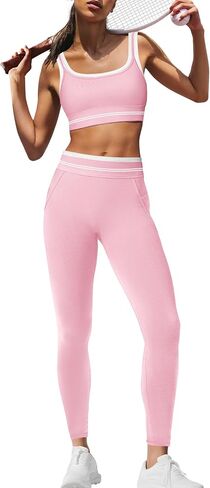 Panadila Womens Yoga Set 2 قطعة تمرين مخططة مجموعة صالة رياضية مطابقة حمالة صدر رياضية ولباس عالي الخصر Activewear in Kuwait