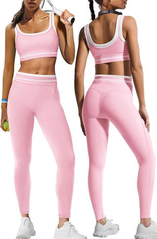 Panadila Womens Yoga Set 2 قطعة تمرين مخططة مجموعة صالة رياضية مطابقة حمالة صدر رياضية ولباس عالي الخصر Activewear in Kuwait