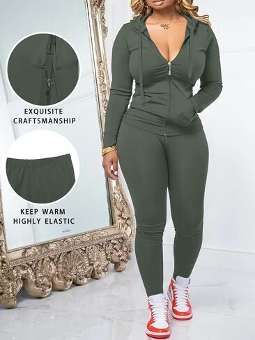Women Two Piece Outfits Workout Sets Bodycon Legging Jacket Tracksuit Zip Up Hoodie Jogger Matching Sweat Pants Set in Saudi Arabia