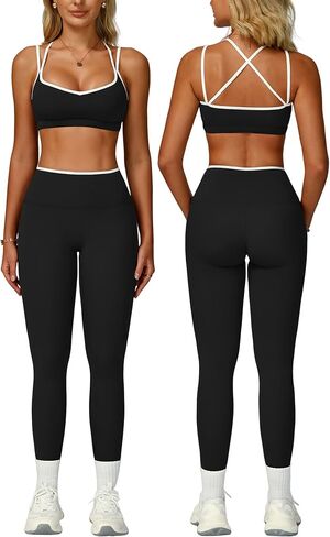 Women 2 Piece Workout Sets Cross Back ColorBlock Sports Bra High Waist Tummy Control Active Leggings Yoga Outfit in Saudi Arabia