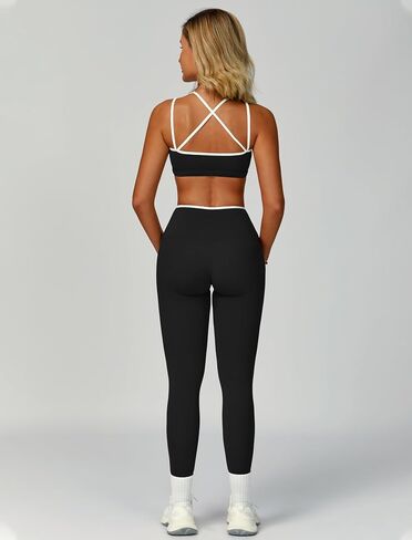 Women 2 Piece Workout Sets Cross Back ColorBlock Sports Bra High Waist Tummy Control Active Leggings Yoga Outfit in Saudi Arabia