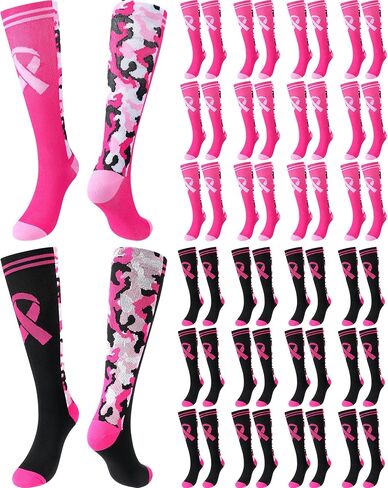 Xtinmee 24 Pairs Breast Cancer Awareness Knee High Socks Pink Ribbon Socks Bulk Soccer Football Camo over the Calf Socks in Saudi Arabia