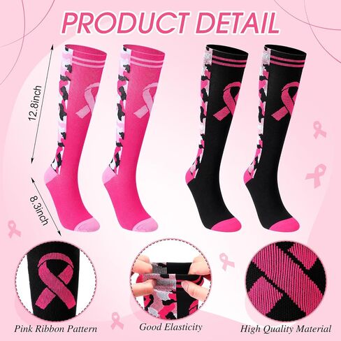 Xtinmee 24 Pairs Breast Cancer Awareness Knee High Socks Pink Ribbon Socks Bulk Soccer Football Camo over the Calf Socks in Saudi Arabia