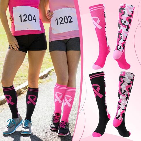 Xtinmee 24 Pairs Breast Cancer Awareness Knee High Socks Pink Ribbon Socks Bulk Soccer Football Camo over the Calf Socks in Saudi Arabia