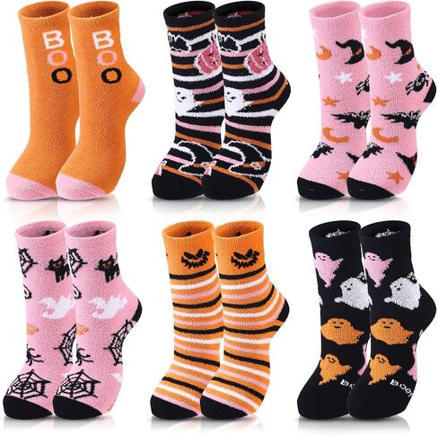 6 Pcs Halloween Fuzzy Sock for Women Coral Fleece Novelty Cozy Fluffy Slipper Socks Fall Pumpkin Ghost Gift for Adult in Saudi Arabia