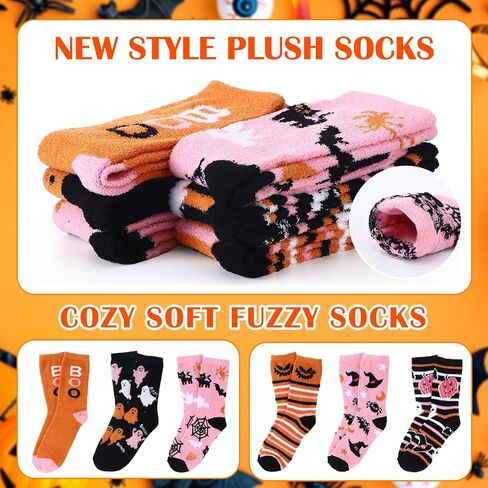 6 Pcs Halloween Fuzzy Sock for Women Coral Fleece Novelty Cozy Fluffy Slipper Socks Fall Pumpkin Ghost Gift for Adult in Saudi Arabia