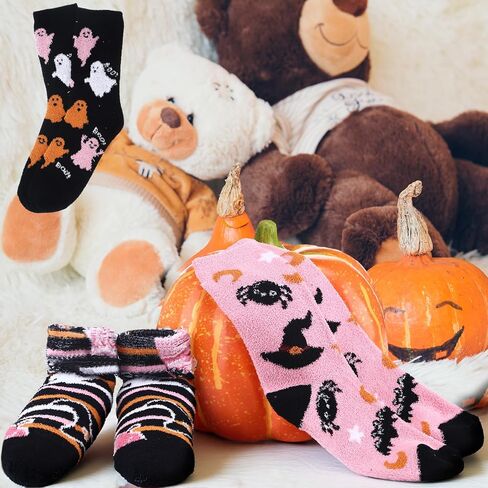 6 Pcs Halloween Fuzzy Sock for Women Coral Fleece Novelty Cozy Fluffy Slipper Socks Fall Pumpkin Ghost Gift for Adult in Saudi Arabia