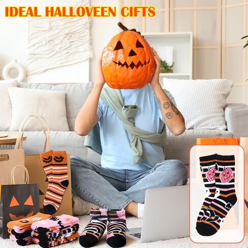 6 Pcs Halloween Fuzzy Sock for Women Coral Fleece Novelty Cozy Fluffy Slipper Socks Fall Pumpkin Ghost Gift for Adult in Saudi Arabia