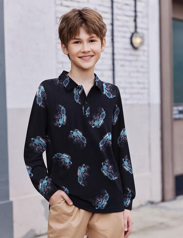 Arshiner Boys Long Sleeve Polo Shirt Performance School Uniform Pique Button Closure Shirt Size 5-12 Years in Saudi Arabia