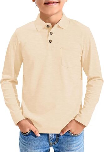 Haloumoning Boys Long Sleeve Polo Shirts Kids Casual Button School Uniform Shirts with Chest Pocket 5-14 Years in Saudi Arabia