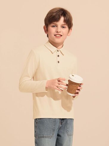 Haloumoning Boys Long Sleeve Polo Shirts Kids Casual Button School Uniform Shirts with Chest Pocket 5-14 Years in Saudi Arabia
