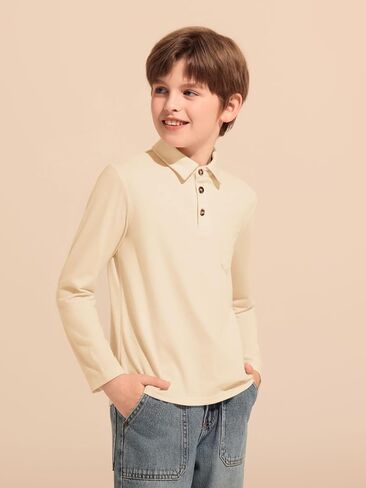 Haloumoning Boys Long Sleeve Polo Shirts Kids Casual Button School Uniform Shirts with Chest Pocket 5-14 Years in Saudi Arabia
