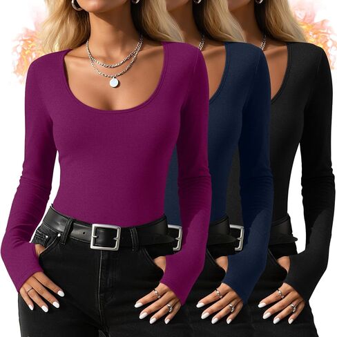 RIYIPER 3 Pack Thermal Thermal Long Sleeve ، Fleece Scoop Neck Fitged Top Stretchy Thumb Humes Undershirt Baselayer Tee in Kuwait