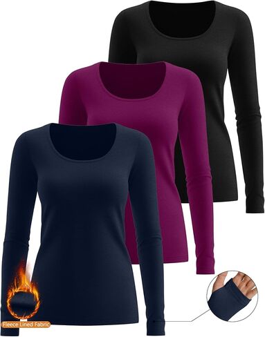 RIYIPER 3 Pack Thermal Thermal Long Sleeve ، Fleece Scoop Neck Fitged Top Stretchy Thumb Humes Undershirt Baselayer Tee in Kuwait