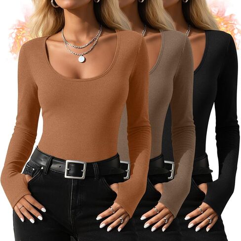 Riyiper 3 Pack Women's Thermal Long Sleeve Shirts, Fleece Scoop Neck Fitted Top Stretchy Thumb Holes Undershirt Baselayer Tee in Saudi Arabia