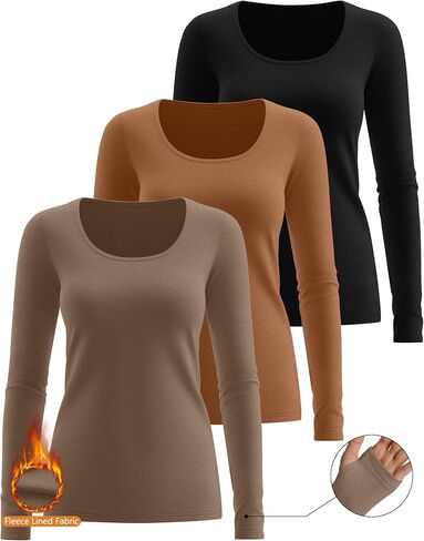 Riyiper 3 Pack Women's Thermal Long Sleeve Shirts, Fleece Scoop Neck Fitted Top Stretchy Thumb Holes Undershirt Baselayer Tee in Saudi Arabia
