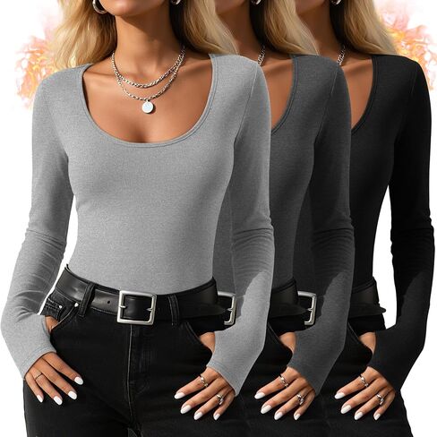 RIYIPER 3 Pack Thermal Thermal Long Sleeve ، Fleece Scoop Neck Fitged Top Stretchy Thumb Humes Undershirt Baselayer Tee in Kuwait