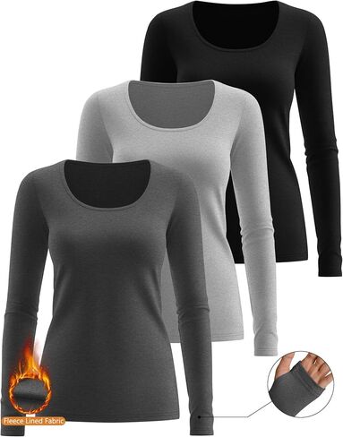 RIYIPER 3 Pack Thermal Thermal Long Sleeve ، Fleece Scoop Neck Fitged Top Stretchy Thumb Humes Undershirt Baselayer Tee in Kuwait