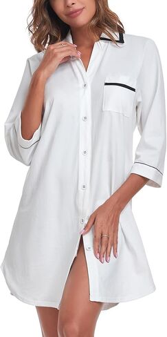 COLORFULLEAF Women's 100% Cotton Nightgowns 3/4 Sleeve V-Neck Sleep Shirt Soft Button Down Pajama Dress in Saudi Arabia