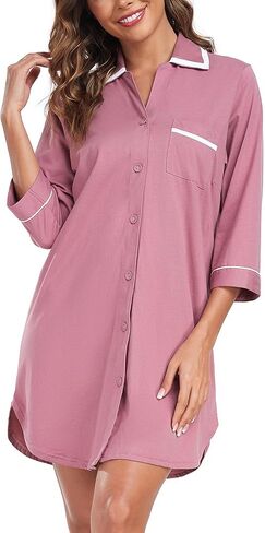 COLORFULLEAF Women's 100% Cotton Nightgowns 3/4 Sleeve V-Neck Sleep Shirt Soft Button Down Pajama Dress in Saudi Arabia