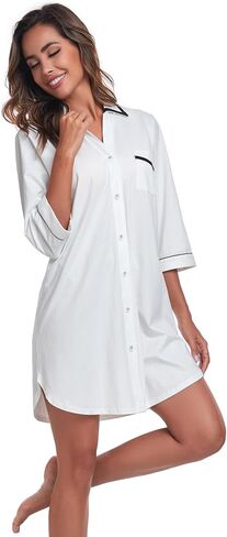 COLORFULLEAF Women's 100% Cotton Nightgowns 3/4 Sleeve V-Neck Sleep Shirt Soft Button Down Pajama Dress in Saudi Arabia