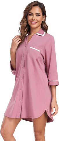 COLORFULLEAF Women's 100% Cotton Nightgowns 3/4 Sleeve V-Neck Sleep Shirt Soft Button Down Pajama Dress in Saudi Arabia