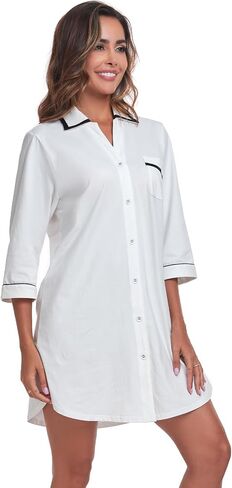 COLORFULLEAF Women's 100% Cotton Nightgowns 3/4 Sleeve V-Neck Sleep Shirt Soft Button Down Pajama Dress in Saudi Arabia