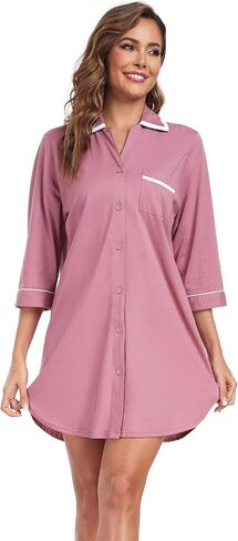 COLORFULLEAF Women's 100% Cotton Nightgowns 3/4 Sleeve V-Neck Sleep Shirt Soft Button Down Pajama Dress in Saudi Arabia