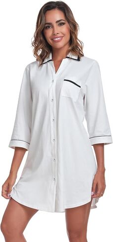 COLORFULLEAF Women's 100% Cotton Nightgowns 3/4 Sleeve V-Neck Sleep Shirt Soft Button Down Pajama Dress in Saudi Arabia