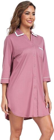 COLORFULLEAF Women's 100% Cotton Nightgowns 3/4 Sleeve V-Neck Sleep Shirt Soft Button Down Pajama Dress in Saudi Arabia