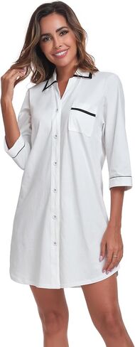 COLORFULLEAF Women's 100% Cotton Nightgowns 3/4 Sleeve V-Neck Sleep Shirt Soft Button Down Pajama Dress in Saudi Arabia