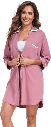 COLORFULLEAF Women's 100% Cotton Nightgowns 3/4 Sleeve V-Neck Sleep Shirt Soft Button Down Pajama Dress in Saudi Arabia