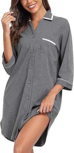 COLORFULLEAF Women's 100% Cotton Nightgowns 3/4 Sleeve V-Neck Sleep Shirt Soft Button Down Pajama Dress in Saudi Arabia