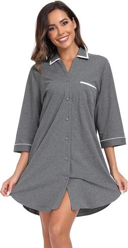 COLORFULLEAF Women's 100% Cotton Nightgowns 3/4 Sleeve V-Neck Sleep Shirt Soft Button Down Pajama Dress in Saudi Arabia