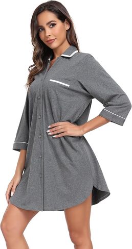 COLORFULLEAF Women's 100% Cotton Nightgowns 3/4 Sleeve V-Neck Sleep Shirt Soft Button Down Pajama Dress in Saudi Arabia