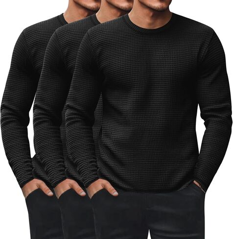 Ficerd 3 Pack Men's Waffle Long Sleeve Shirts, Crew Neck Thermal Underwear Tops Casual Pullover Sweaters Knit Undershirts in Saudi Arabia