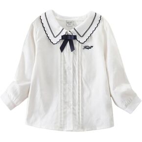 Girls Long Sleeve Blouse with Scalloped Neckline, White Cotton in Saudi Arabia
