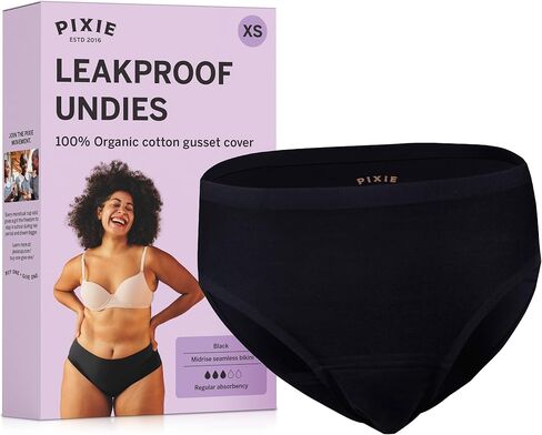 Pixie Period Underwear for Women, Teens & Plus Size – Leakproof Bikini with BloatFit™ Technology, Soft & Breathable with Cotton Gusset, Absorbs Up to 5 Tampons - Size XS Black in Kuwait