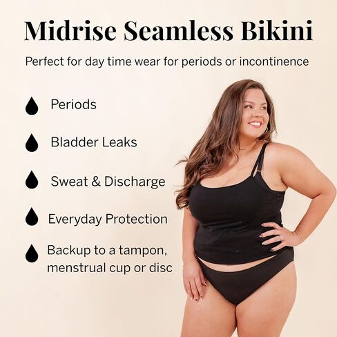 Pixie Period Underwear for Women, Teens & Plus Size – Leakproof Bikini with BloatFit™ Technology, Soft & Breathable with Cotton Gusset, Absorbs Up to 5 Tampons - Size XS Black in Kuwait