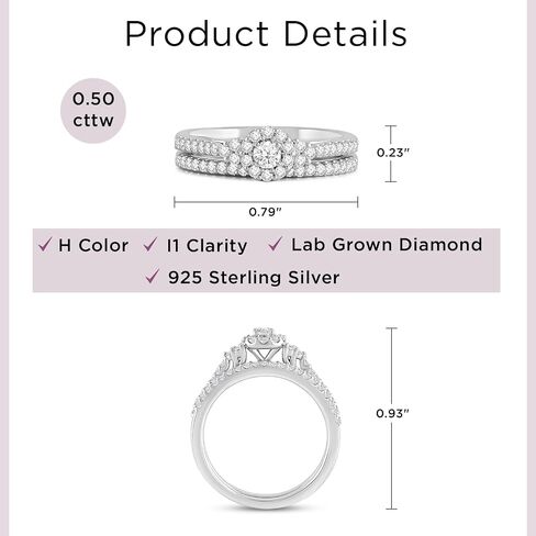 jewellili 925 sterling silver diamond خاتم للنساء | 0.50 CTW Round Bridal Set خواتم خطوبة الزفاف | H Color I1 Clarity | خاتم الماس المزروع في المختبر | حجم 6،7 و 8 in Saudi Arabia