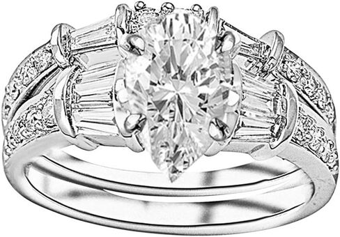 14K White Gold 1.5 Carat LAB GROWN DIAMOND Baguette And Round Brilliant Pear Cut Diamond Engagement Ring and Wedding Band Set (G-H Color VS1-VS2 Clarity 0.75 Ct Center) in Saudi Arabia