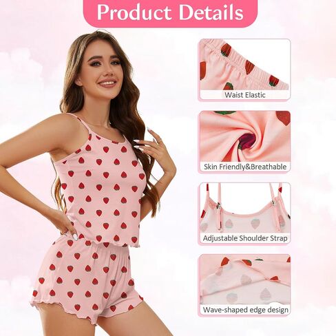 American Trends Cute Pajamas for Women Strawberry Print Cami Top and Shorts Pj Set Two Piece Pajama Set Sleepwear Sleep Set in Saudi Arabia