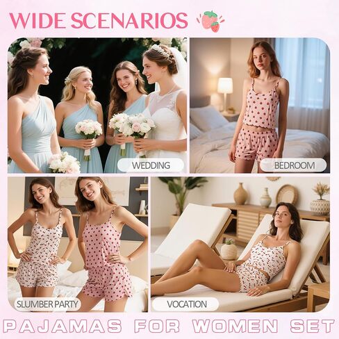 American Trends Cute Pajamas for Women Strawberry Print Cami Top and Shorts Pj Set Two Piece Pajama Set Sleepwear Sleep Set in Saudi Arabia