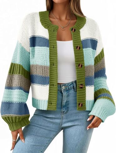 Saodimallsu Womens Striped Chunky Cardigan Sweaters Button Up Fall Trendy Color Block Long Sleeve Knit Sweater Coats in Saudi Arabia