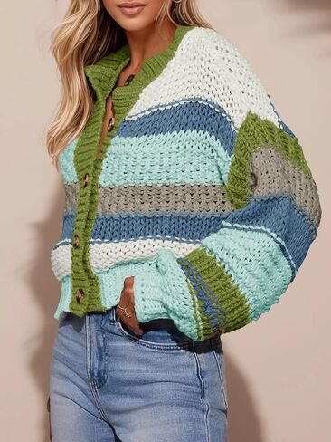 Saodimallsu Womens Striped Chunky Cardigan Sweaters Button Up Fall Trendy Color Block Long Sleeve Knit Sweater Coats in Saudi Arabia