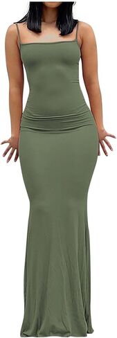 Womens Spaghetti Strap Maxi Dress Sleeveless Summer Bodycon Solid Color Slip Dress Casual Elegant Vacation Outfits in Saudi Arabia