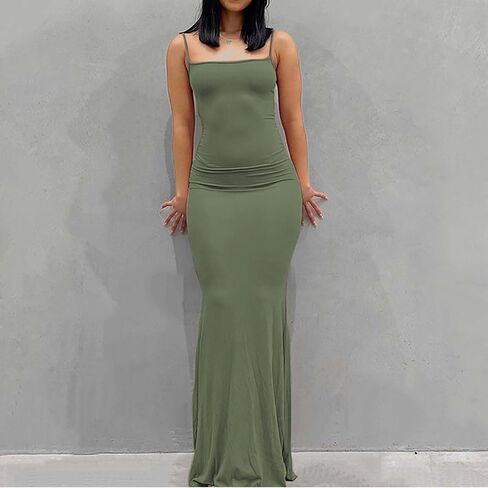 Womens Spaghetti Strap Maxi Dress Sleeveless Summer Bodycon Solid Color Slip Dress Casual Elegant Vacation Outfits in Saudi Arabia