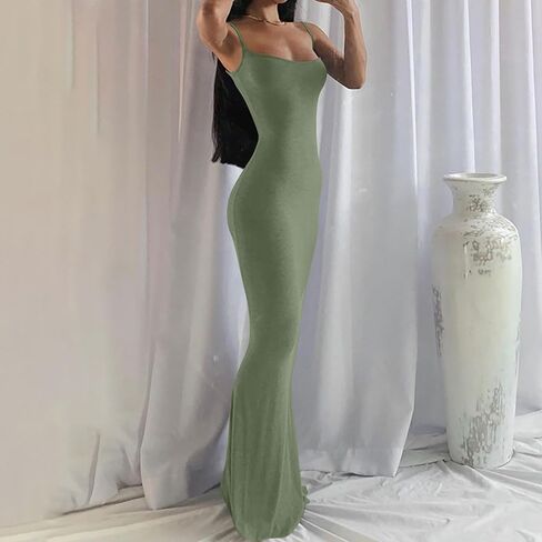 Womens Spaghetti Strap Maxi Dress Sleeveless Summer Bodycon Solid Color Slip Dress Casual Elegant Vacation Outfits in Saudi Arabia